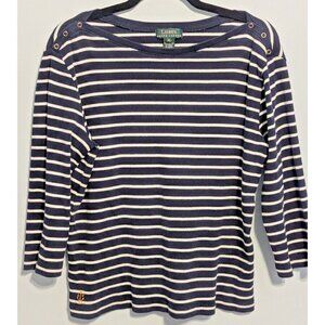 Ralph Lauren Women 3/4 Sleeve Boat Neck Size XL Cotton Casual Shirt Snap buttons
